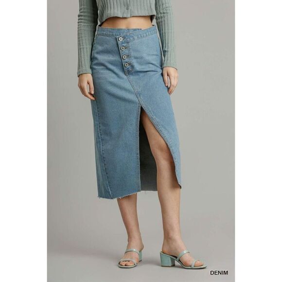 Nwt Umgee Asymmetrical Front Split Denim Skirt Women's Size Large Button Fly - Picture 1 of 8
